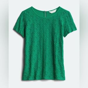 🟢 HANS CROCHET LACE LIKE FRONT SHORT SLEEVE TOP - BEAUTIFUL GREEN - NEVER WORN 🟢